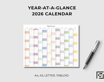 2026 Year-at-a-glance Calendar with Weekends: Colorful Horizontal Layout - Size A4, A3, Letter, Tabloid