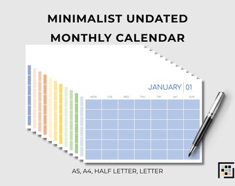 Minimalist Undated Monthly Calendar: Seasons Horizontal Layout - Size A5, A4, Half Letter, Letter