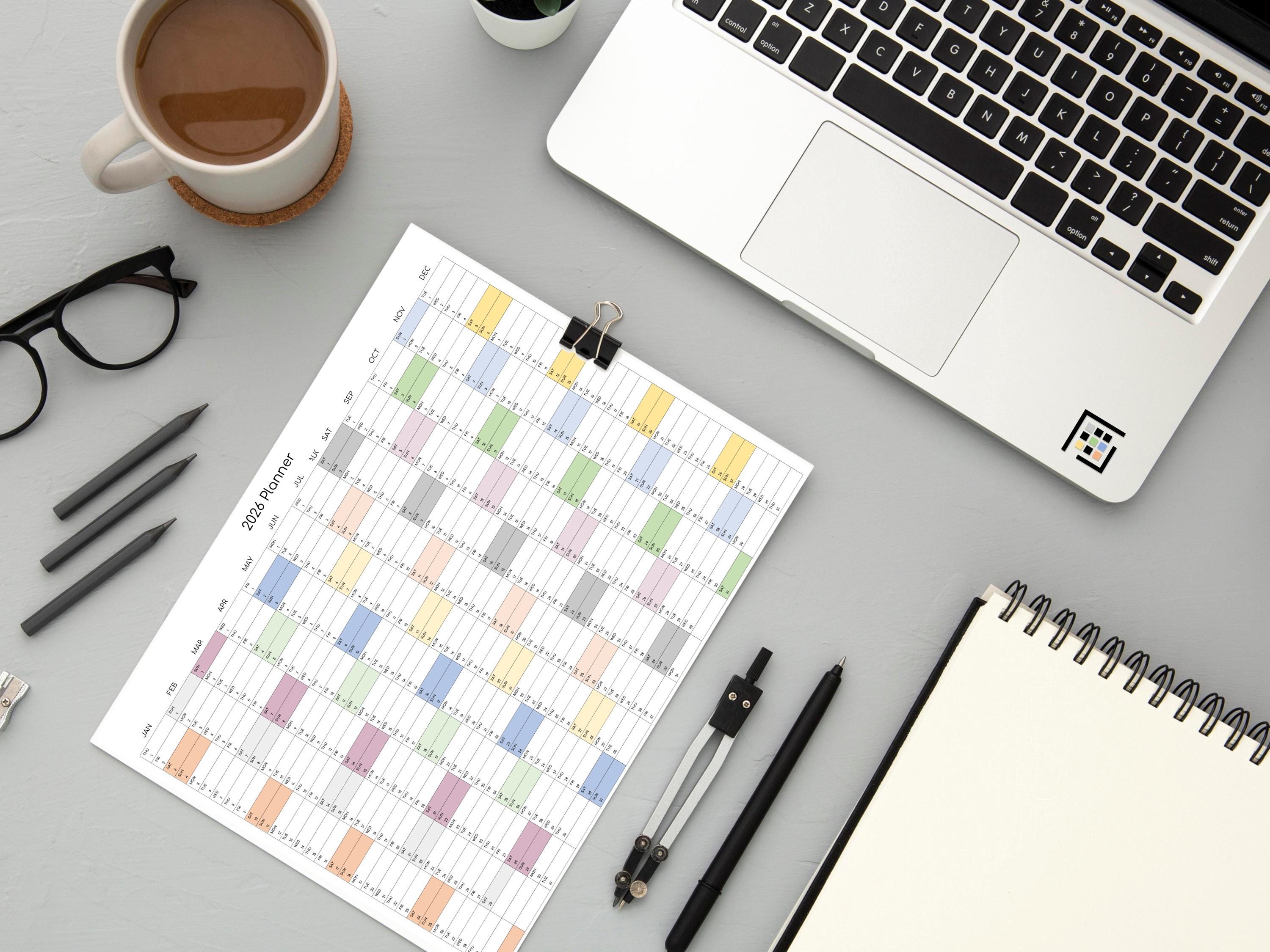 2026 Year-at-a-glance Calendar With Weekends: Colorful Horizontal ...