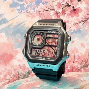 Custom Casio AE-1200 Royale Mod, Cherry Blossom Filter World Time Watch, Resin Case, Collectors Item