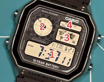 Personalized Casio AE-1200 Royale Mod, World Time Watch, Resin Case, Retro Digital Style