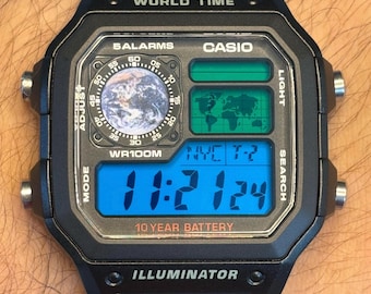 Pale Blue Dot - Casio Royale AE1200, nowy, niestandardowy zegarek z cyfrowym czasem światowym, AuroraWatches