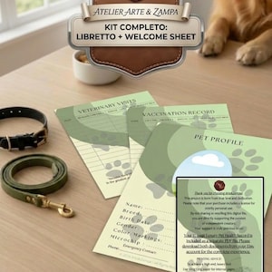 Può includere: Un kit di cartella clinica per animali domestici con collare in pelle, guinzaglio e moduli per visite veterinarie, registri delle vaccinazioni e un profilo dell'animale. Il kit include un foglio di benvenuto e un libretto. La combinazione di colori è verde, marrone e bianco.