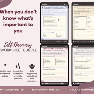 Pode incluir: Um conjunto de folhas de trabalho de autodescoberta com quatro documentos digitais intitulados Boundary Reflection, Personal Values, Emotional Needs e Resource Building, contendo caixas de seleção e vários ícones.