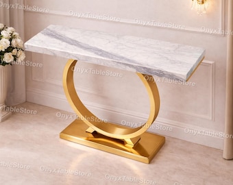 Luxury White Marble Console Table with Modern Entryway Table, Elegant Hallway Furniture White Marble Console Table Luxury Hallway Deco
