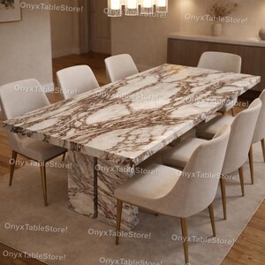 Luxury White Marble Dining Table – Modern Rectangular Stone Table with Brown Veining, Sculptural Base Dining Room Furniture
