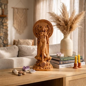 Estatua de madera de la diosa – Figura artesanal de múltiples brazos, ideal para meditación y como adorno para altar (18 cm)