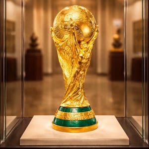 Pode incluir: Um troféu dourado com um globo no topo, sustentado por duas figuras. A base é verde e dourada. O troféu é exibido em uma vitrine, com um fundo neutro.