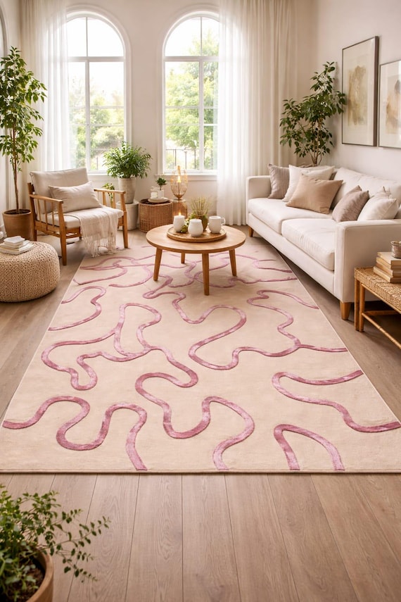 Moderner Rosa Abstrakter Bereich Teppich, Beige & Blush Wellenmuster Teppich