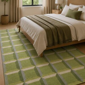 Modern Green Geometric Loop Rug, Hand Tufted Wool Area Rug, Contemporary Living Room Carpet, Scandinavian Floor Rug, Custom Size Rug