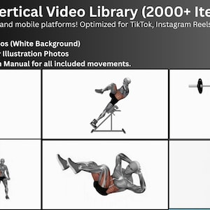 May include: An image promoting a vertical video library with illustrations of exercises. The image includes illustrations of cable machine workouts, barbell squats, and dumbbell exercises. Text at the top reads "Vertical Video Library (2000+ Items)". Optimized for TikTok, Instagram Reels, and YouTube Shorts.