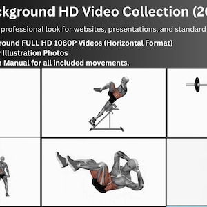 Pode incluir: Imagem de uma coleção de ilustrações de fitness com fundo branco. O texto no topo diz "White Background HD Video Collection (2000+ Items)". A coleção inclui vídeos, fotos e um manual de instruções detalhado.