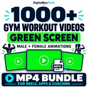 May include: A digital graphic featuring the text 1000+ GYM WORKOUT VIDEOS GREEN SCREEN MALE + FEMALE ANIMATIONS MP4 BUNDLE FOR REELS, APPS & COACHING. The design includes three green screen video frames and an MP4 file icon on a white background.