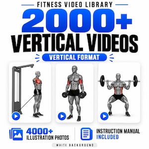 Könnte beinhalten: Eine digitale Fitness-Bibliothek mit 2000+ vertikalen Videos und 4000+ Illustrationsfotos. Die Grafik zeigt Text, darunter FITNESS VIDEO LIBRARY, 2000+ VERTICAL VIDEOS, VERTICAL FORMAT, 4000+ ILLUSTRATION PHOTOS und INSTRUCTION MANUAL INCLUDED.