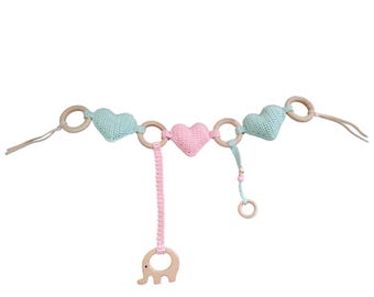 Crochet Stroller Toy – Hearts, Wooden Rings, Pram Garland, Baby Gift