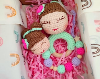 Crochet Baby Gift Set – Girl Rattle & Pacifier Clip set – Blonde or Brown Hair - Handmade Newborn Gift, Baby Shower Gift.