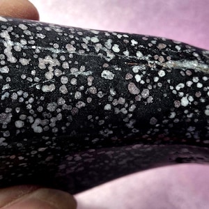 May include: A polished, elongated snowflake obsidian stone featuring a deep black base color with distinct, scattered white and light gray circular patterns across its smooth, glossy surface, showcasing natural mineral inclusions and a thin fissure.