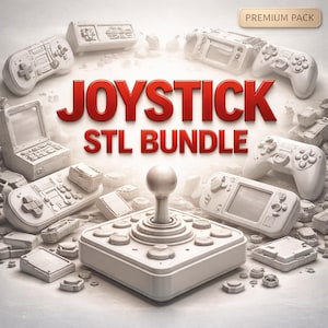 May include: An assortment of white game controllers and consoles, including a central joystick, are arranged on a light background. The text "JOYSTICK STL BUNDLE" is displayed in red. A "PREMIUM PACK" label is in the top right corner.
