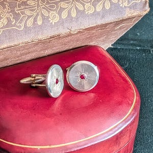 Vintage Mid Century Sunburst Cufflinks - 1950s Silver Tone & Ruby Red Glass - Mad Men Era Atomic Groom Gift