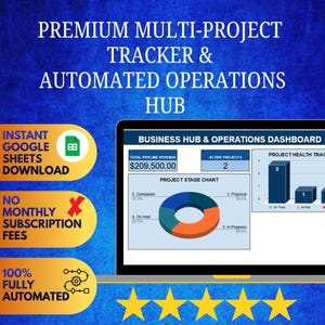 Op de afbeelding: Een digitaal business hub en operations dashboard op een laptopscherm, met een donutdiagram voor projectfasen, een staafdiagram voor projectstatus en omzetgegevens. Tekst: Premium Multi-Project Tracker & Automated Operations Hub.