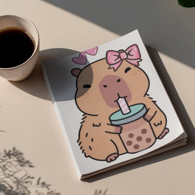 May include: A notebook featuring a cartoon capybara with a pink bow, drinking a bubble tea. The capybara is light brown with a pink nose and is holding a teal cup with a pink and white striped straw. Two pink hearts float above the capybara.