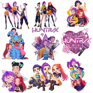 Puede incluir: Una colección de ilustraciones digitales coloridas con personajes femeninos estilizados. Las imágenes muestran varias poses y atuendos, con un estilo artístico consistente inspirado en el anime. La palabra "HUNTRAX" se muestra prominentemente en varios diseños.