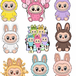 May include: A collection of colorful Labubu character stickers. Each sticker features a cartoon-style creature with bunny ears and a wide, toothy grin. The stickers are in various colors, including yellow, pink, purple, white, brown, blue, and peach.