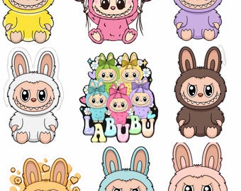 May include: A collection of colorful Labubu character stickers. Each sticker features a cartoon-style creature with bunny ears and a wide, toothy grin. The stickers are in various colors, including yellow, pink, purple, white, brown, blue, and peach.