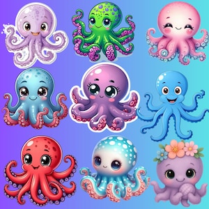 May include: Nine cartoon octopus illustrations in various colors, including purple, green, pink, blue, and red. Each octopus has large, expressive eyes and a smiling face. Some have polka dots or flower crowns.
