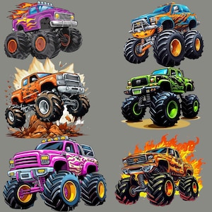 May include: A collection of six colorful monster truck illustrations. Each truck features oversized tires and unique designs, including flames, stripes, and various color schemes like purple, orange, and green. The trucks are depicted in dynamic poses, some with flames.