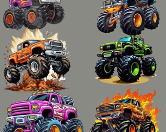May include: A collection of six colorful monster truck illustrations. Each truck features oversized tires and unique designs, including flames, stripes, and various color schemes like purple, orange, and green. The trucks are depicted in dynamic poses, some with flames.