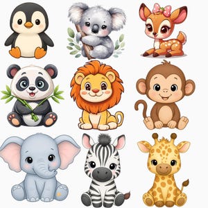 May include: A collection of nine cartoon animal illustrations. The animals include a penguin, koala, deer, panda, lion, monkey, elephant, zebra, and giraffe. Each animal is depicted in a cute, friendly style with large eyes and soft colors.