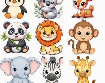 May include: A collection of nine cartoon animal illustrations. The animals include a penguin, koala, deer, panda, lion, monkey, elephant, zebra, and giraffe. Each animal is depicted in a cute, friendly style with large eyes and soft colors.