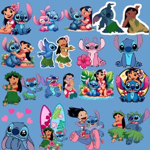 May include: A collection of colorful stickers featuring the characters Stitch and Lilo from the animated movie Lilo & Stitch. The stickers showcase various poses and scenes, including Stitch with Lilo, surfing, and enjoying tropical treats. The background is a light blue.
