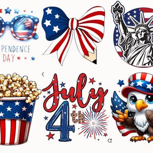 May include: A collection of patriotic illustrations featuring sunglasses, a bow, the Statue of Liberty, popcorn, the text "July 4th", and an eagle, all in red, white, and blue. The sunglasses have a star design.