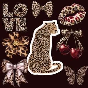 May include: A collection of leopard print graphics on a dark brown background. The image includes the word "LOVE", a leopard, bows, a flower, lips, cherries, and butterfly wings. The leopard print is in shades of brown and black.