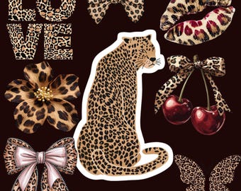 May include: A collection of leopard print graphics on a dark brown background. The image includes the word "LOVE", a leopard, bows, a flower, lips, cherries, and butterfly wings. The leopard print is in shades of brown and black.