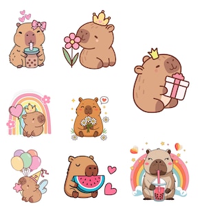 May include: A collection of cartoon capybaras in various poses. One drinks boba tea, another holds a gift, and others are with flowers, balloons, and watermelon. Each capybara has a crown or bow.