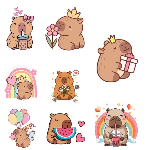 Kawaii Capybara Clipart PNG Bundle, Sticker Design (Instant Download)