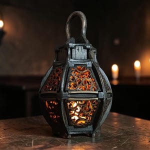 Peut inclure: Une lanterne sombre et ornée avec une poignée, présentant des motifs découpés complexes. La lanterne est en bois ou en métal foncé et dégage une lumière chaude et brillante. Elle repose sur une surface en bois, créant une ambiance vintage et chaleureuse.
