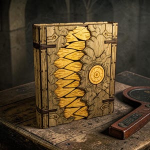 Peut inclure: Une boîte en bois avec un motif détaillé, avec un motif central de formes imbriquées dans un ton de bois plus clair. La boîte a un emblème circulaire et est accompagnée d'une loupe sur une surface en bois.