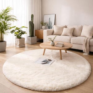 May include: A large, round, cream-colored shag rug dominates the foreground of a living room scene. The rug is placed on a hardwood floor, with a wooden coffee table and a beige sofa in the background. Plants and a framed cactus print add to the room's decor.