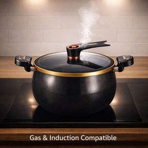 May include: A black cooking pot with a glass lid and gold trim, on a black hob. The pot has two side handles and a large handle on the lid. Steam rises from the pot. The text "Gas & Induction Compatible" is at the bottom.