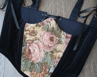 Black Velvet Corset Top: Floral Tapestry Panel, Lace-Up Back, Handmade Elegance
