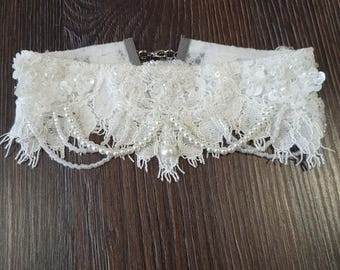 Kanten ivoor choker, handgemaakte ketting met keramische parels, romantische bruidssieraden