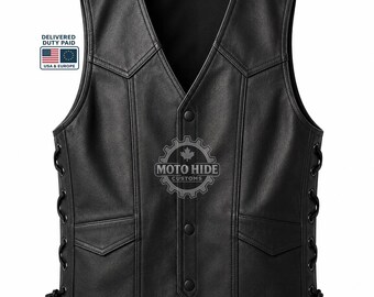 Zwart leren motorvest heren, kanten motorgilet, klassieke kleding ruiterclub