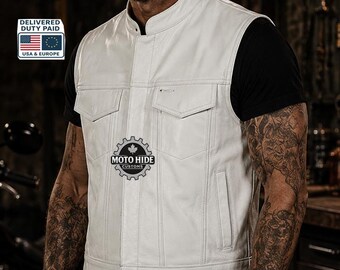Wit leren motorvest heren, modekleding Biker Club Rider, handgemaakt gilet