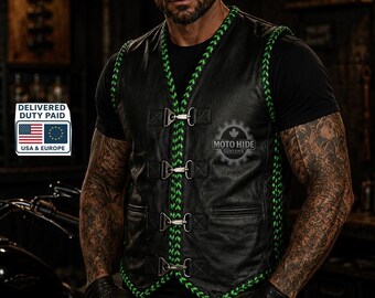 Zwart leren motorhemd met groene gevlochten rand, handgemaakte bikerclubkleding