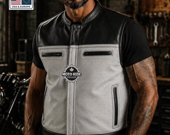 Tweekleurig leren bikervest: geperforeerd in motorstijl, met ritszakken en een aangepaste kleur.
