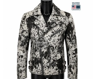 Handgemaakt leren jack heren ponyhaar bruin wit koeienhuid bikerjack westerse stijl bovenkleding